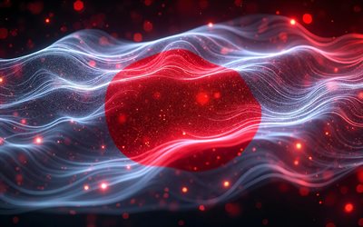 4k, japans glödande flagga, bokeh, röda vita neonvågor, japans flagga, 3d konst, japansk flagga, asien, neonvågor japans flagga, japan, japan 3d flagga