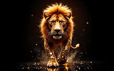 león, 4k, depredador, piedras moradas, gatos salvajes, animales salvajes, depredadores, leones, arte creativo, fondo negro, león en la oscuridad, gran león