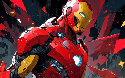 4k, hombre de hierro, superhéroes, fondo rojo grunge, cómics marvel, obra de arte, arte del hombre de hierro, creativo, hombre de hierro 4k