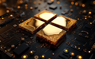 logotipo brilhante dourado da microsoft, logotipo de metal polido do windows 11, 4k, logotipo do windows 11, emblema do windows 11, microsoft, sinal do windows 11, fundo de tecnologia de ouro, logotipo do windows, janelas 11, windows