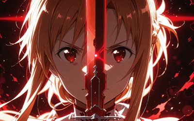 4k, yuuki asuna, de cerca, espada roja, puertas torii, arte de espada en línea, oscuridad, resplandor rojo, manga, protagonista, asuna yuuki, personajes de sword art online, asuna, yuuki asuna espada arte en línea