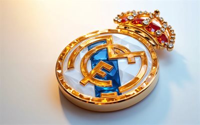 Real Madrid crystal logo, white metal background, Real Madrid emblem, Real Madrid logo, Real Madrid crystal sign, La Liga, Spain, football, Real Madrid, Real Madrid CF logo, Real Madrid CF
