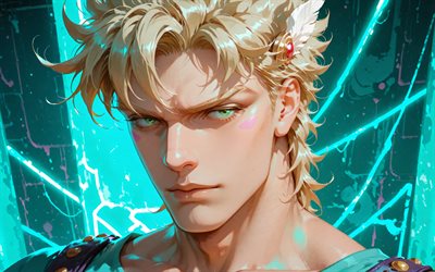 Caesar Anthonio Zeppeli, 4k, turquoise neon rays, JoJos Bizarre, manga, turquoise abstract background, Shiza Antonio Tseperi, JoJos Bizarre characters, Caesar Anthonio Zeppeli JoJos Bizarre
