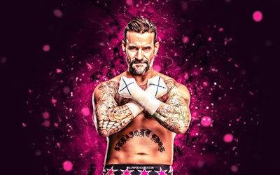 4k, CM Punk, purple neon lights, WWE, creative, american wrestler, Phillip Jack Brooks, purple abstract background, World Wrestling Entertainment, wrestlers, CM Punk 4K