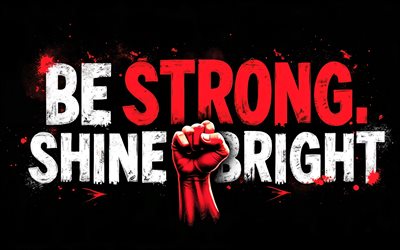 Be strong shine bright, 4K, black background, grunge art, Be strong shine bright art, hand with clenched fist, Be strong shine bright concepts, Be strong shine bright T-shirt art, Be strong shine bright graffiti