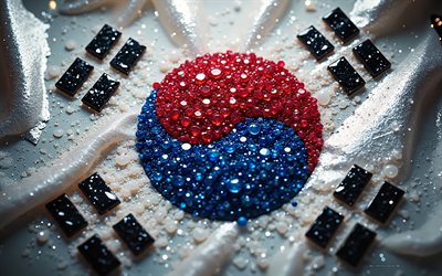 bandera de corea del sur, 4k, piedras preciosas, cristales, piedras brillantes, corea del sur, arte creativo, piedras preciosas rojas y blancas, cristal rojo, cristales blancos