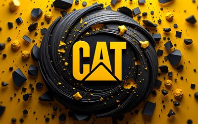 4k, caterpillarin 3d logo, taideteos, keltamusta 3d tausta, tuotemerkit, rakennuslaitteet, caterpillarin logo, luova, toukka, cat logo, kissa