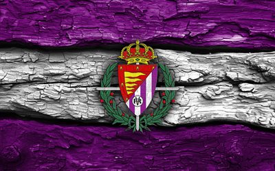 logotipo de madera del real valladolid, 4k, fondo de madera blanco violeta, laliga2, fútbol, logotipo del real valladolid, fútbol americano, escudo del real valladolid, real valladolid fc, segunda, liga2, club de fútbol español, real valladolid