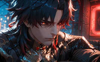 lame, 4k, rue, yeux de feu, rail étoilé honkai, nuit, personnages d'anime, mangas, personnages honkai star rail, chasseurs de stellaron, lame honkai star rail