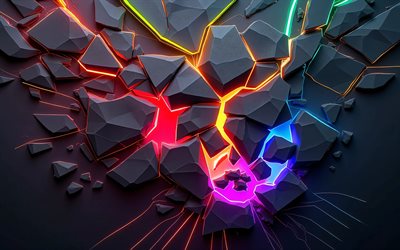 4k, luces de neón de colores, resplandor colorido, fragmentos 3d negros, obra de arte, patrón geométrico fragmentado, creativo, fondo oscuro 3d, fondo abstracto oscuro, formas, fondos 3d, rayos de neón de colores