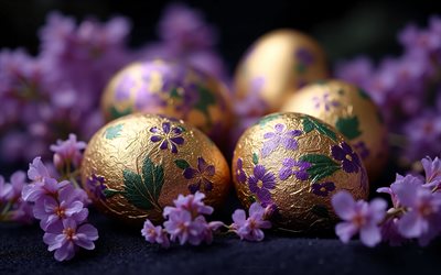 oeufs de pâques dorés, fleurs de printemps violettes, joyeuses pâques, oeufs de pâques, décorations de pâques, printemps, concepts de pâques, pâques