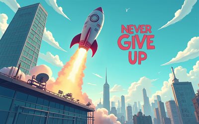Never Give Up, 4k, rocket takeoff, motivation, cartoon art, inspiration, popular short quotes, Never Give Up concepts, Never Give Up inspiration, creative, Never Give Up Art