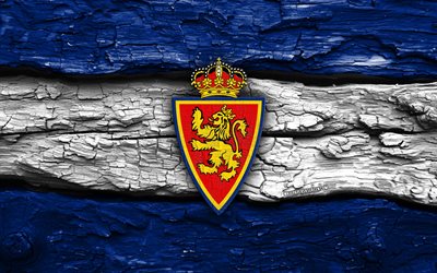 logotipo de madera del real zaragoza, 4k, fondo de madera blanco azul, laliga2, fútbol, logotipo del real zaragoza, fútbol americano, escudo del real zaragoza, real zaragoza fc, segunda, liga2, club de fútbol español, real zaragoza