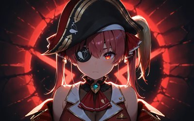 houshou marine, 4k, rote neonringe, nacht, virtueller youtuber, vtuber, dunkelheit, mädchen mit roten augen, hololive, manga, houshou marine kanal, virtueller youtuber von houshou marine