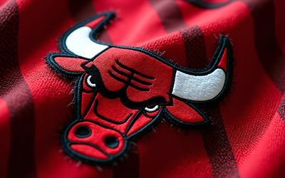 logotipo de tela de los chicago bulls, 4k, fondo de tela roja, nba, logotipo de los toros de chicago, textura de tela roja, emblema de los toros de chicago, eeuu, toros de chicago, baloncesto