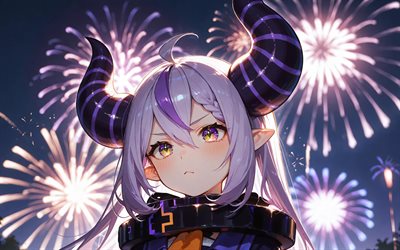 laplus, 4k, noche, fuegos artificiales, youtuber virtual, hololive, vtuber, ojos morados, la oscuridad, manga, canal laplus, youtuber virtual de laplus