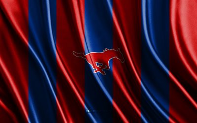 4k, smu mustang logo, ncaa, rot blaue seidenstruktur, smu mustang flagge, american football verein, seidenfahne, smu mustang emblem, usa, smu mustang abzeichen, smu mustang