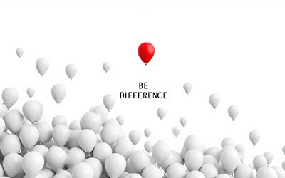 Be different, 4k, balloons, red balloon among white ones, minimalism, Be different concepts, Be different inscription, artwork, Be different art