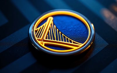 logotipo de neón de los golden state warriors, 4k, fondo metálico azul, nba, logotipo de los guerreros del estado dorado, luz de neón azul, emblema de los guerreros del estado dorado, eeuu, guerreros del estado dorado, baloncesto