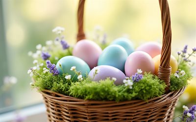 panier en osier avec œufs de pâques, 4k, joyeuses pâques, oeufs de pâques, décorations de pâques, oeufs de pâques décorés, concepts de pâques, pâques
