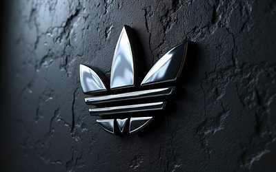 logotipo de adidas de metal oscuro, 4k, fondo de pared negro, logotipo 3d negro de adidas, signo adidas, símbolo adidas, emblema adidas, logotipo de acero de adidas, logotipo de adidas, adidas