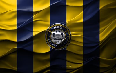 4k, Pau FC logo, blue yellow 3D background, Pau FC emblem, Ligue 2, French football team, Pau FC flag, 3D texture, Pau FC, football, France