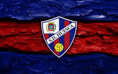 logotipo de madera sd huesca, 4k, fondo de madera rojo azul, laliga2, fútbol, logotipo de la sd huesca, fútbol americano, escudo de la sd huesca, fc huesca, segunda, liga2, club de fútbol español, huesca