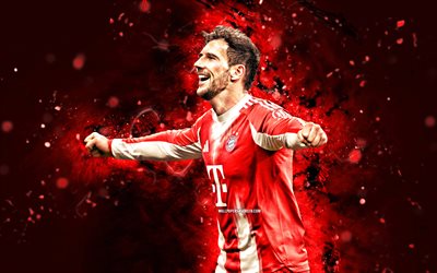4k, leon goretzka, ziel, roter abstrakter hintergrund, fc bayern münchen, bundesliga, deutsche fußballer, leon goretzka 4k, rote neonlichter, fußball, leon goretzka bayern münchen
