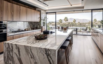 diseño interior de cocina con estilo, gran mesa de mármol gris en la cocina, interior moderno, proyecto de cocina, diseño de cocina, idea de cocina, mesas de cocina de mármol