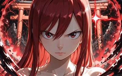 erza escarlata, 4k, puertas torii, rayos de neón rojos, cola de hadas, oscuridad, manga, personajes de anime, torii, personajes de cola de hadas, guerrero, erza ​​escarlata cola de hadas