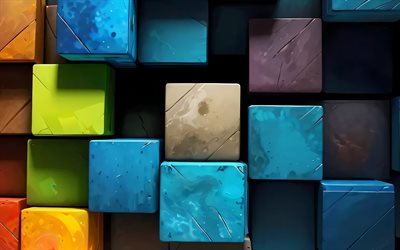 cubi 3d di pietra, 4k, prismi, figure 3d, sfondo colorato 3d, parallelepipedi, cubi, modelli 3d, sfondi 3d, figure 3d colorate, forme geometriche, geometria, creativo, sfondi astratti scuri, figure geometriche