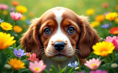 cachorro cocker spaniel inglés, 4k, primavera, bokeh, perros, animales lindos, cachorros, mascotas, cocker spaniel inglés, flores de primavera, cachorro en el césped, perro cocker spaniel inglés