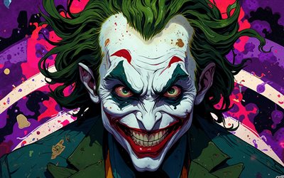 4k, joker sonriente, fondo violeta grunge, arte de dibujos animados, supervillano, noche, bromista, arte abstracto, comodín 4k, creativo, arte del comodín