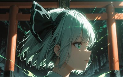 4k, youmu konpaku, puertas torii, resplandor verde, proyecto touhou, manga, oscuridad, personajes touhou, touhou, konpaku youmu, personajes de anime, torii, youmu konpaku touhou