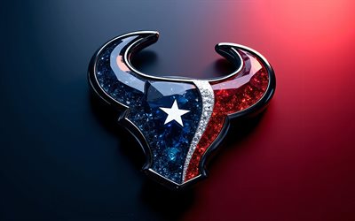 Houston Texans crystal logo, 4k, blue red metal background, NBA, Houston Texans logo, Houston Texans emblem, USA, Houston Texans, American football, NFL