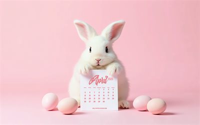 kalender april 2026, 4k, weißer süßer hase, ostereier, hase mit kalender, flauschiger weißer hase, april kalender, konzepte für 2026, april kalender 2026, rosa hintergrund, ostern