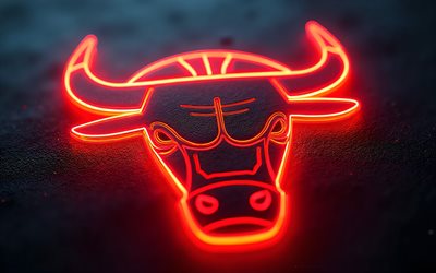 logotipo de neón de los chicago bulls, 4k, nba, logotipo de los toros de chicago, emblema de los toros de chicago, luz de neón roja, eeuu, toros de chicago, fondo de metal negro rojo, baloncesto