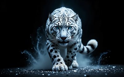 tigre blanco, 4k, depredador, piedras blancas, gatos salvajes, animales salvajes, tigres blancos, leones, arte creativo, fondo negro, tigre blanco en la oscuridad, tigre