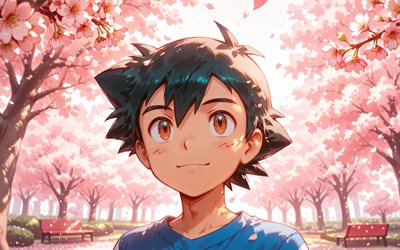 ash ketchum, 4k, primavera, flor de cerezo, pokémon, protagonista, satoshi, manga, personajes pokemon, obra de arte, pokémon ash ketchum