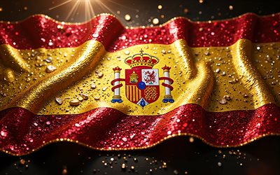 bandera española, 4k, piedras preciosas, bandera de españa, cristales, piedras brillantes, españa, arte creativo, piedras preciosas rojas amarillas, cristal rojo, cristales amarillos