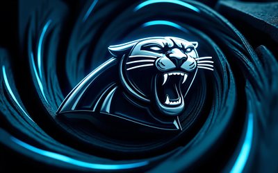 logotipo de metal de los carolina panthers, 4k, fondo azul 3d, nfl, fútbol americano, logotipo de los panthers de carolina, logotipo 3d de las panteras de carolina, equipo de fútbol americano, panteras de carolina