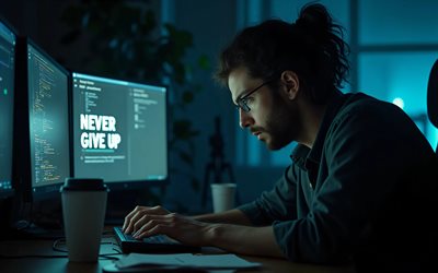 Never Give Up, 4k, programmer, programming, motivation, inspiration, popular short quotes, Never Give Up concepts, Never Give Up inspiration, creative, Never Give Up Art