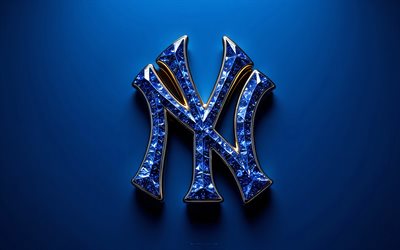 4k, new york yankees logotyp i glas, kreativ, blå metall bakgrund, mlb, blå pärlor, new york yankees logotyp, new york yankees kristallemblem, new york yankees 3d logotyp, new york yankees, ny yankees