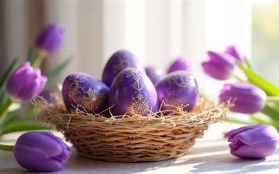 Purple Easter eggs with ornaments, Happy Easter, Easter concepts, purple Easter eggs, Easter decorations, Easter, purple tulips, spring