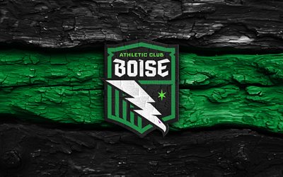Athletic Club Boise wooden logo, 4k, black green wooden background, USL League One, soccer, Athletic Club Boise logo, football, Athletic Club Boise emblem, american soccer club, Athletic Club Boise