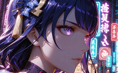 raiden shogun, 4k, närbild, natt, genshin impact, gata, violetta neonskyltar, anime karaktärer, genshin impact karaktärer, raiden shogun genshin impact