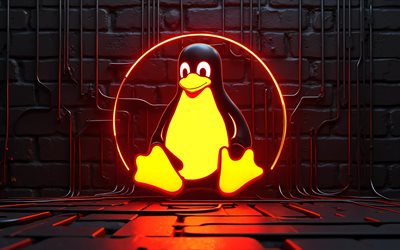 4k, leuchtendes linux logo, dunkelheit, drähte, kreativ, brickwall hintergrund, marken, linux neon logo, kunstwerk, os logo, rohre, linux logo, linux