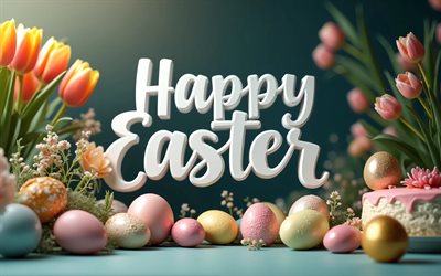 frohe ostern, 4k, osterkuchen, kalligrafische 3d buchstaben, ostereier, bunte tulpen, osterdekorationen, osterhintergründe, ostern