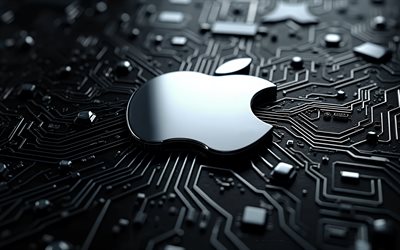 logotipo de metal em aço da apple, 4k, fundo de tecnologia preta, logotipo da maçã, emblema da maçã, logotipo 3d da apple, sinal de metal de maçã, maçã, logotipo preto da apple