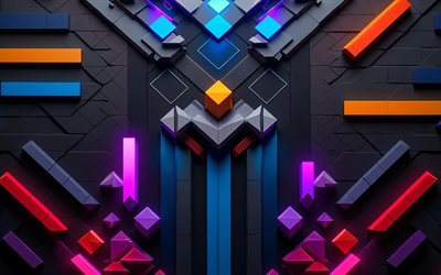 4k, figure 3d colorate, prismi, linee colorate, cubi, sfondo colorato 3d, parallelepipedi, modelli 3d, sfondi 3d, forme geometriche, geometria, creativo, sfondi astratti scuri, figure geometriche